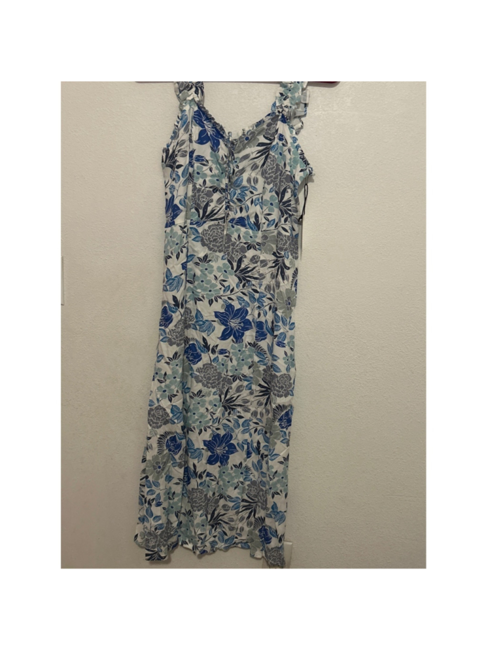 Japna Blue Floral Smocked Midi Dress Lace Up Neck Ruffle Strap Womens M K127